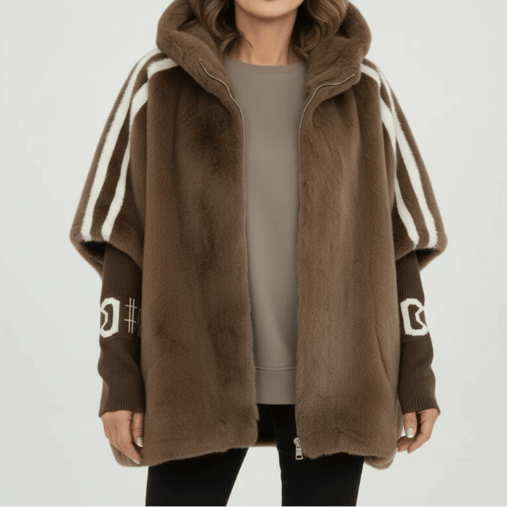 Odalys | Women's Oversized Faux Fur Cape Jacket with Contrast Sleeve Stripes