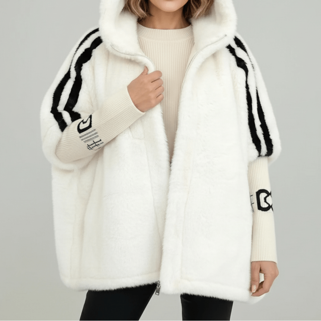 Odalys | Women's Oversized Faux Fur Cape Jacket with Contrast Sleeve Stripes
