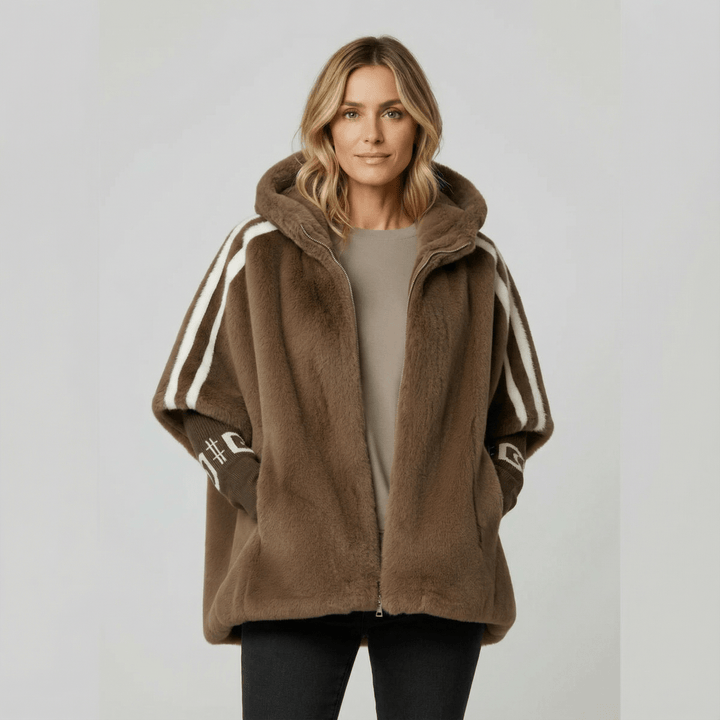 Odalys | Women's Oversized Faux Fur Cape Jacket with Contrast Sleeve Stripes