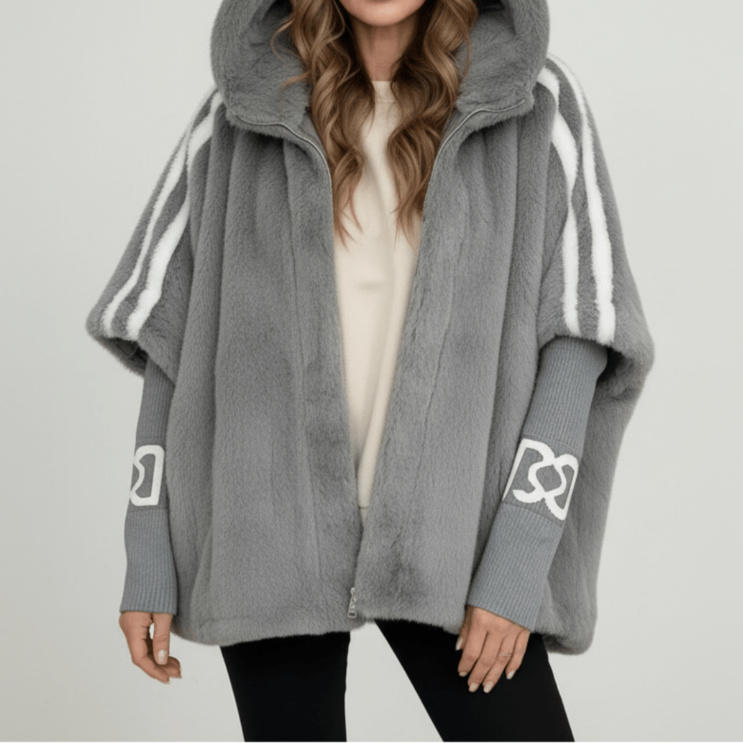 Odalys | Women's Oversized Faux Fur Cape Jacket with Contrast Sleeve Stripes