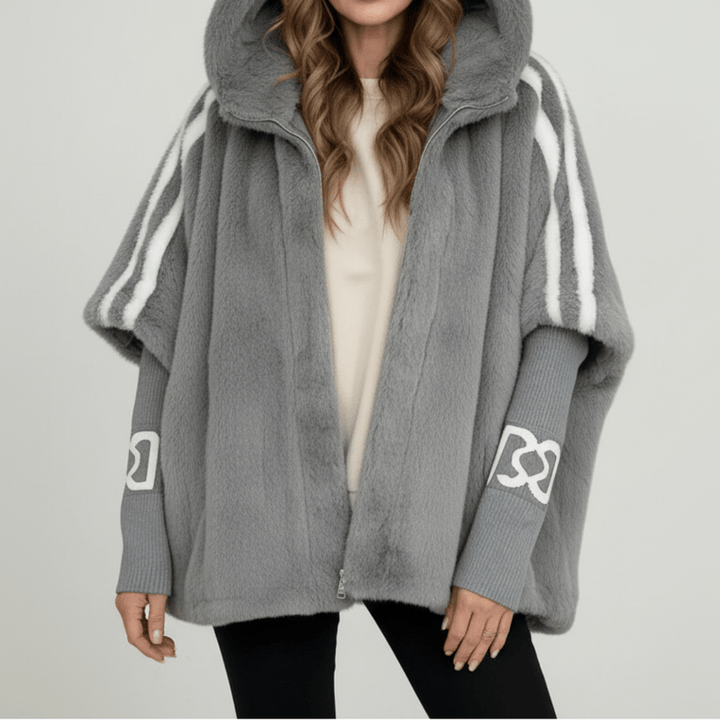 Odalys | Women's Oversized Faux Fur Cape Jacket with Contrast Sleeve Stripes
