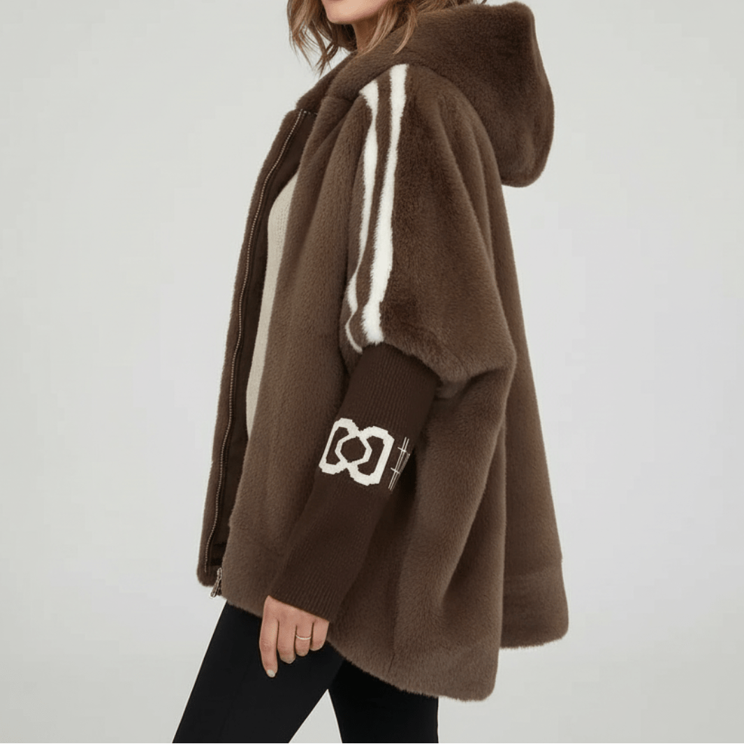 Odalys | Women's Oversized Faux Fur Cape Jacket with Contrast Sleeve Stripes