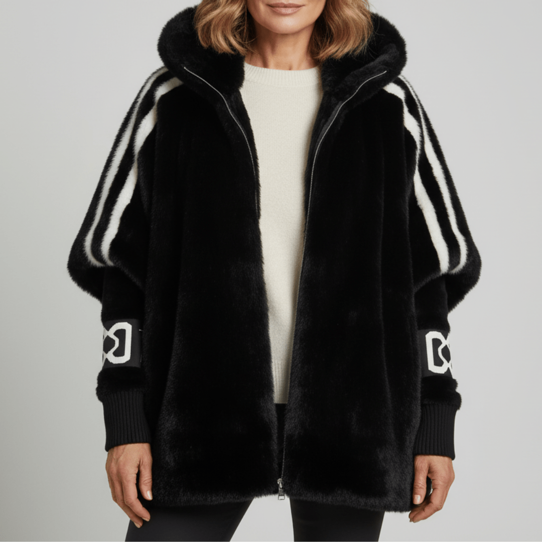 Odalys | Women's Oversized Faux Fur Cape Jacket with Contrast Sleeve Stripes