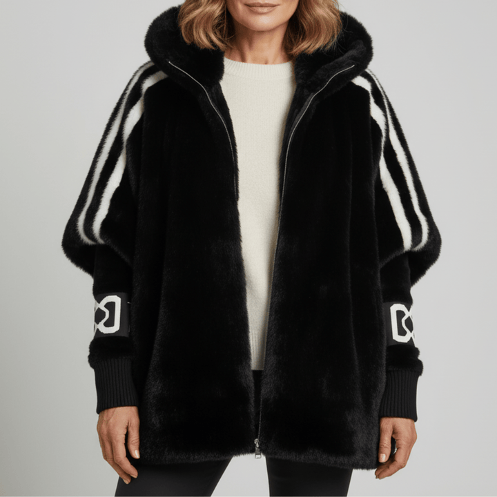 Odalys | Women's Oversized Faux Fur Cape Jacket with Contrast Sleeve Stripes
