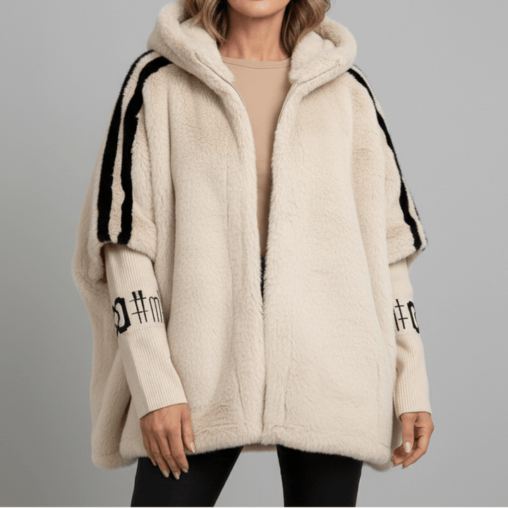 Odalys | Women's Oversized Faux Fur Cape Jacket with Contrast Sleeve Stripes