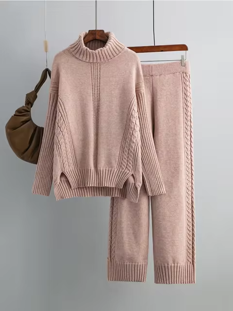 Scarlett Stylish High-neck Pullover Sweater with Loose Pants Set — front view