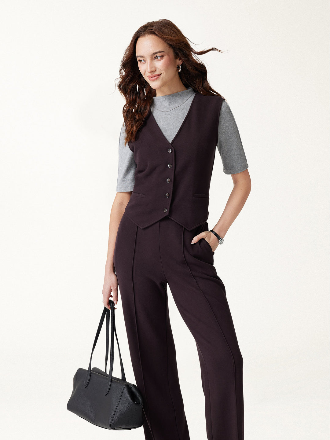 2Pcs Set Friendly Sleeveless Cropped Vest & Mid-Rise Pintuck Pants with Pockets