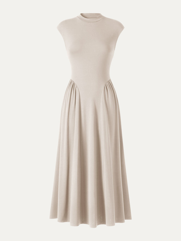 Ponte Mock Neck Ruched A-Line Midi Dress with Pockets