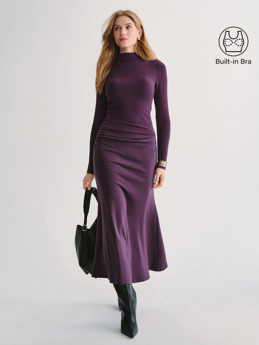 2Pcs Set ProWarm Mock Neck Built-In Bra Top 3.0 & Mid-Rise Ruched Flared Midi Skirt