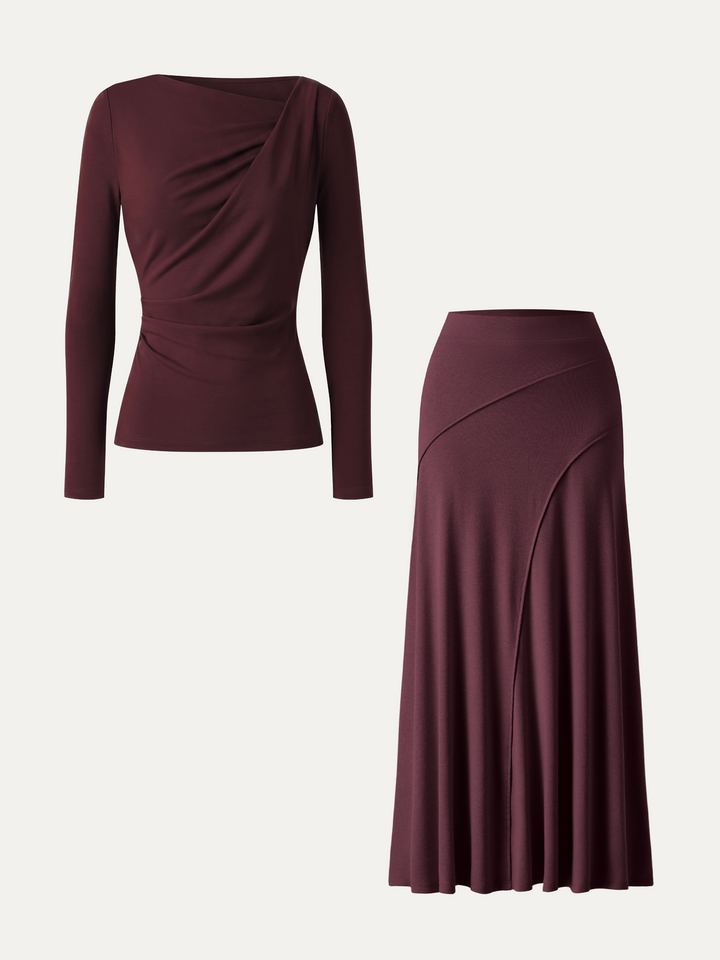 2Pcs Set LiteWarm Asymmetrical Neck Top & Drapey A-Line Midi Skirt