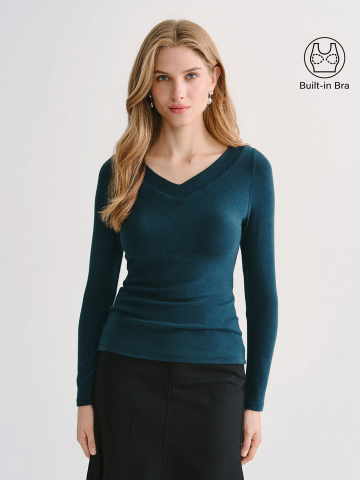 2Pcs Set LiteWarm V-Neck Long Sleeve Built-In Bra Top 3.0 & High-Rise Side-Tuck A-Line Midi Skirt