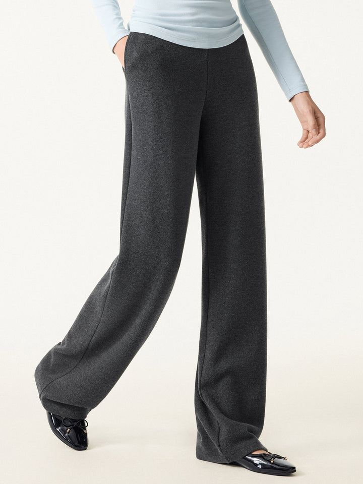 2Pcs Set Crew Neck Long Sleeve Top & Mid Rise Straight Leg Pants with Pockets
