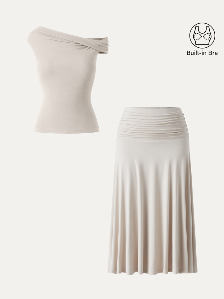 2Pcs Set Multi-wear Built-In Bra Top 2.0 & Side Ruched A-line Midi Skirt