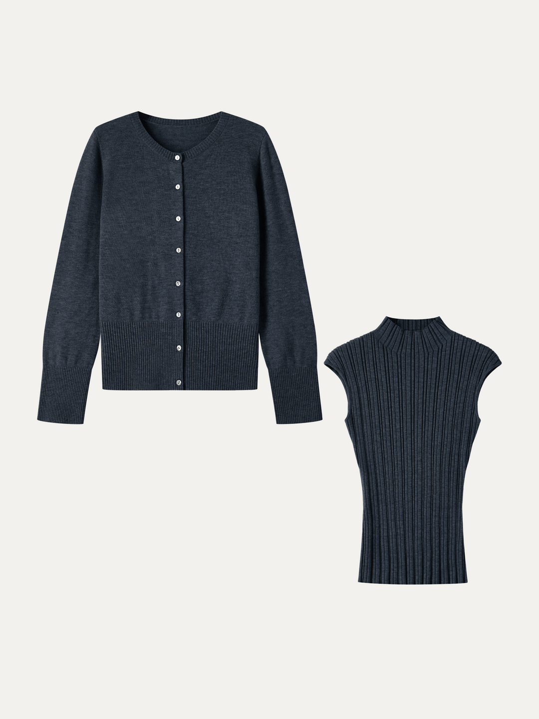 2Pcs Set 100% Merino Wool Long Sleeve Cardigan & Mock Neck Sweater