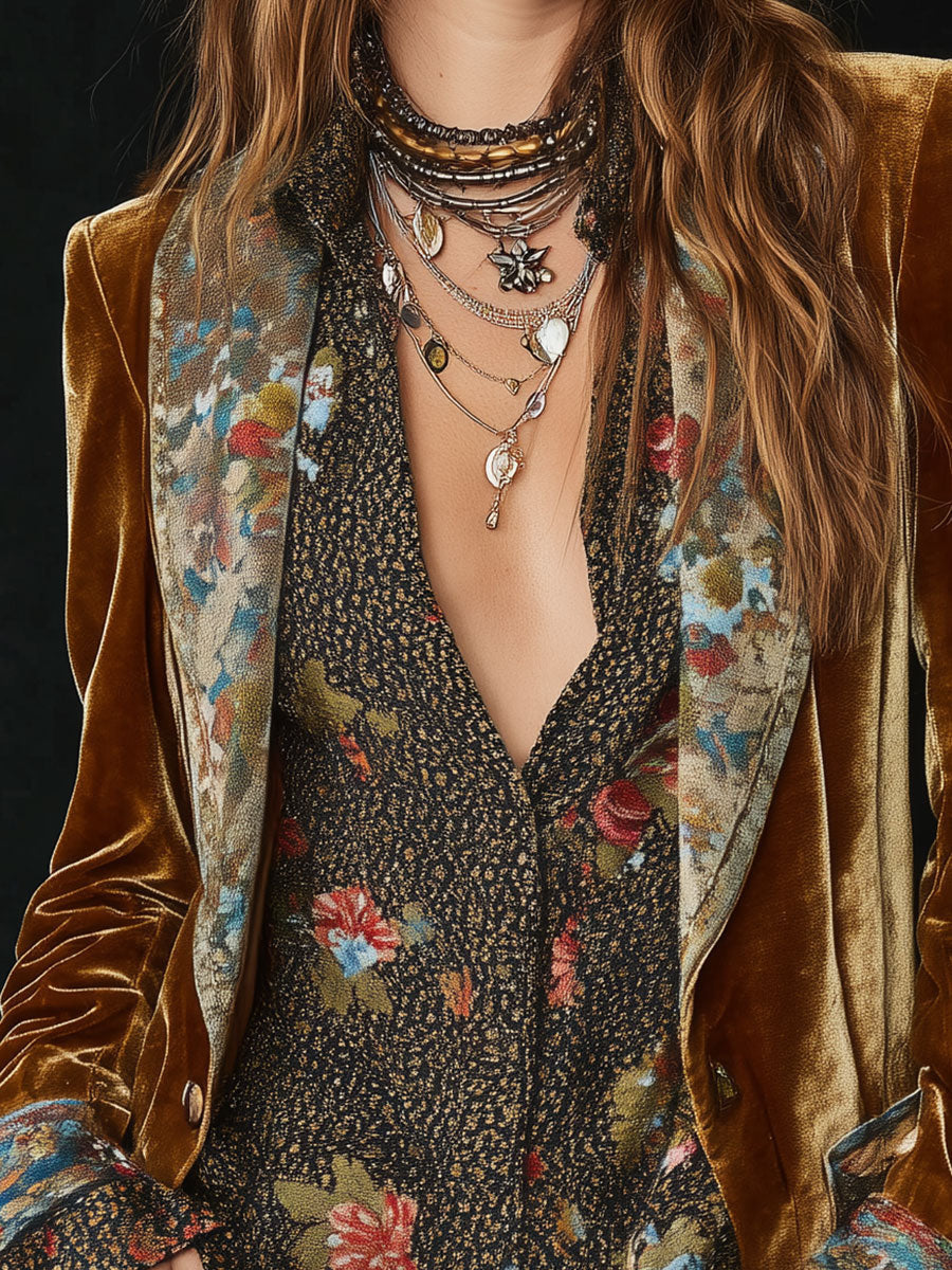 Vintage Lapel Polyester Velvet Floral Print Patchwork Blazer | Harry & Kate London