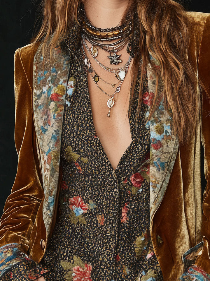 Vintage Lapel Polyester Velvet Floral Print Patchwork Blazer | Harry & Kate London