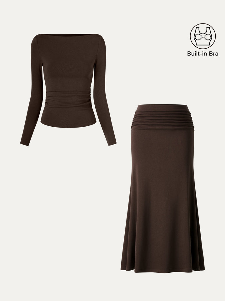 2Pcs Set Boatneck Built-In Bra Top 2.0 & Mid-Rise Ruched Flared Midi Skirt