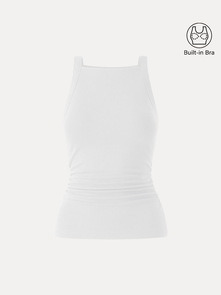 Plantive Chic Square Neck Ruched Rib Built-In Bra Tank 2.0