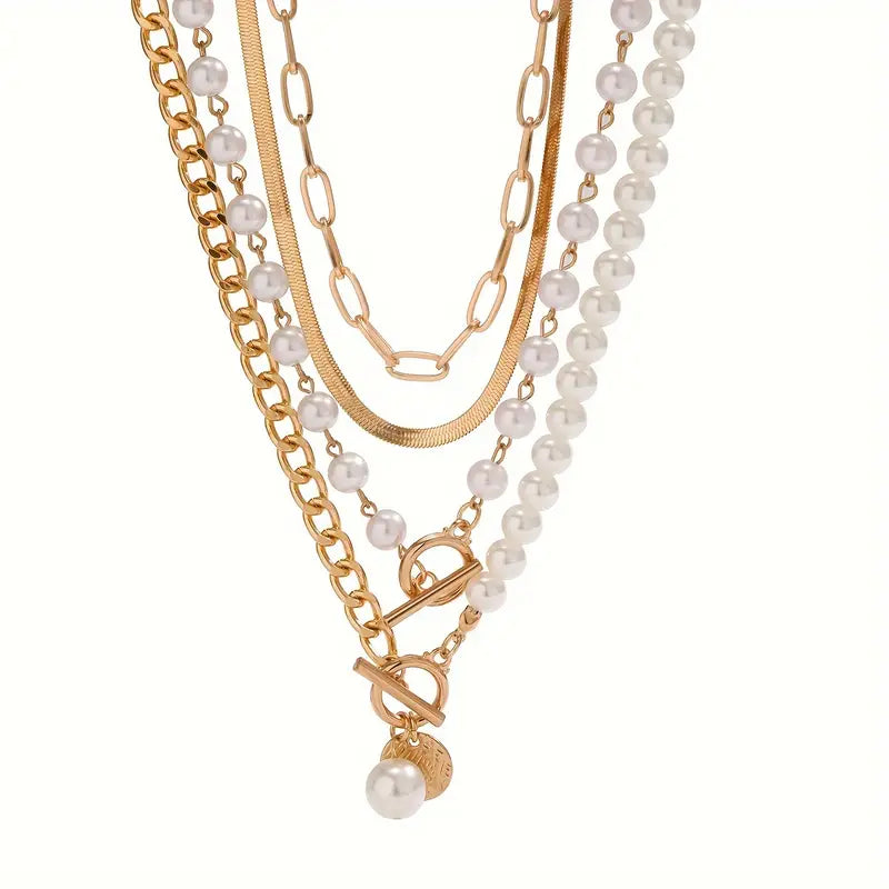 Model wearing the layered pearl necklace set with an evening outfit