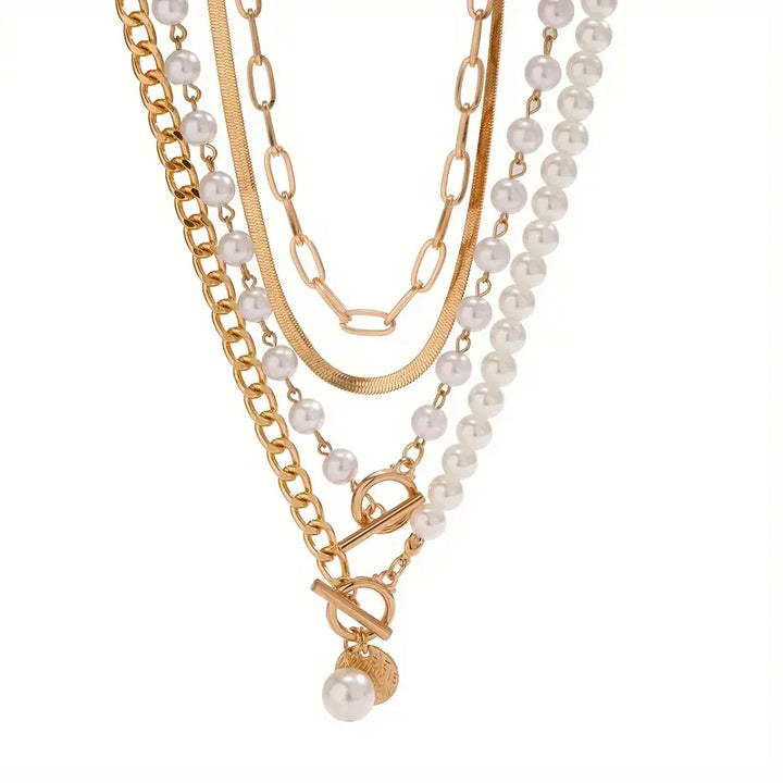 Model wearing the layered pearl necklace set with an evening outfit