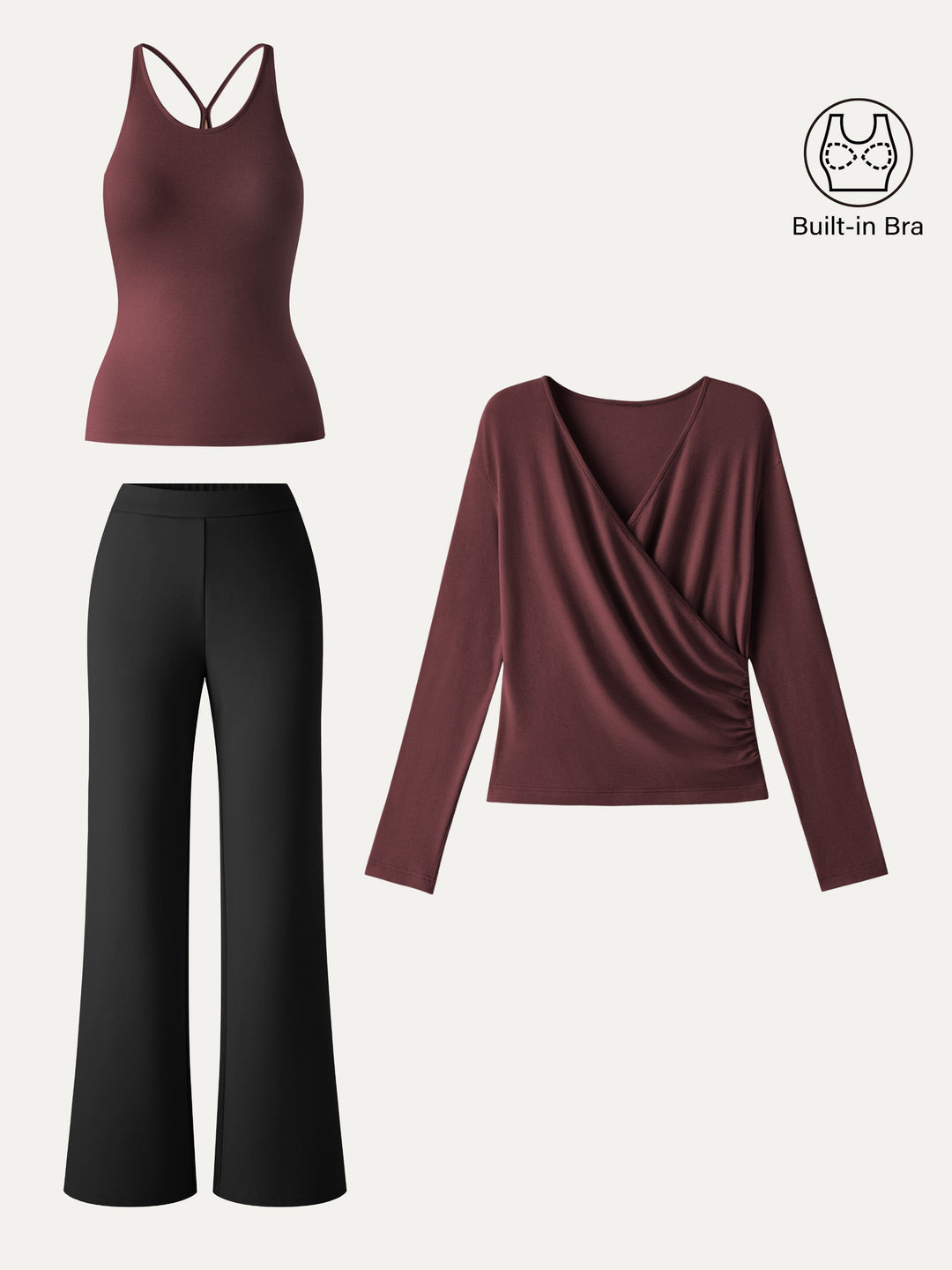 2Pcs Set Surplice Ruched Built-In Bra Top 2.0 & Slim Flared Pants with Pockets