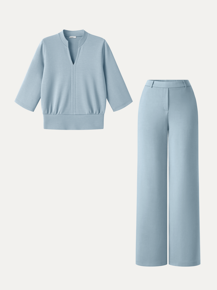 2Pcs Set V-Neck Elbow Sleeve Top & High-Rise Wide Leg Pants with Pockets