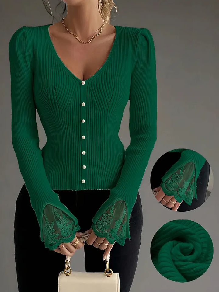 Skylar | Women's Ribbed Knit V-Neck Sweater with Pearl Buttons and Lace Cuffs