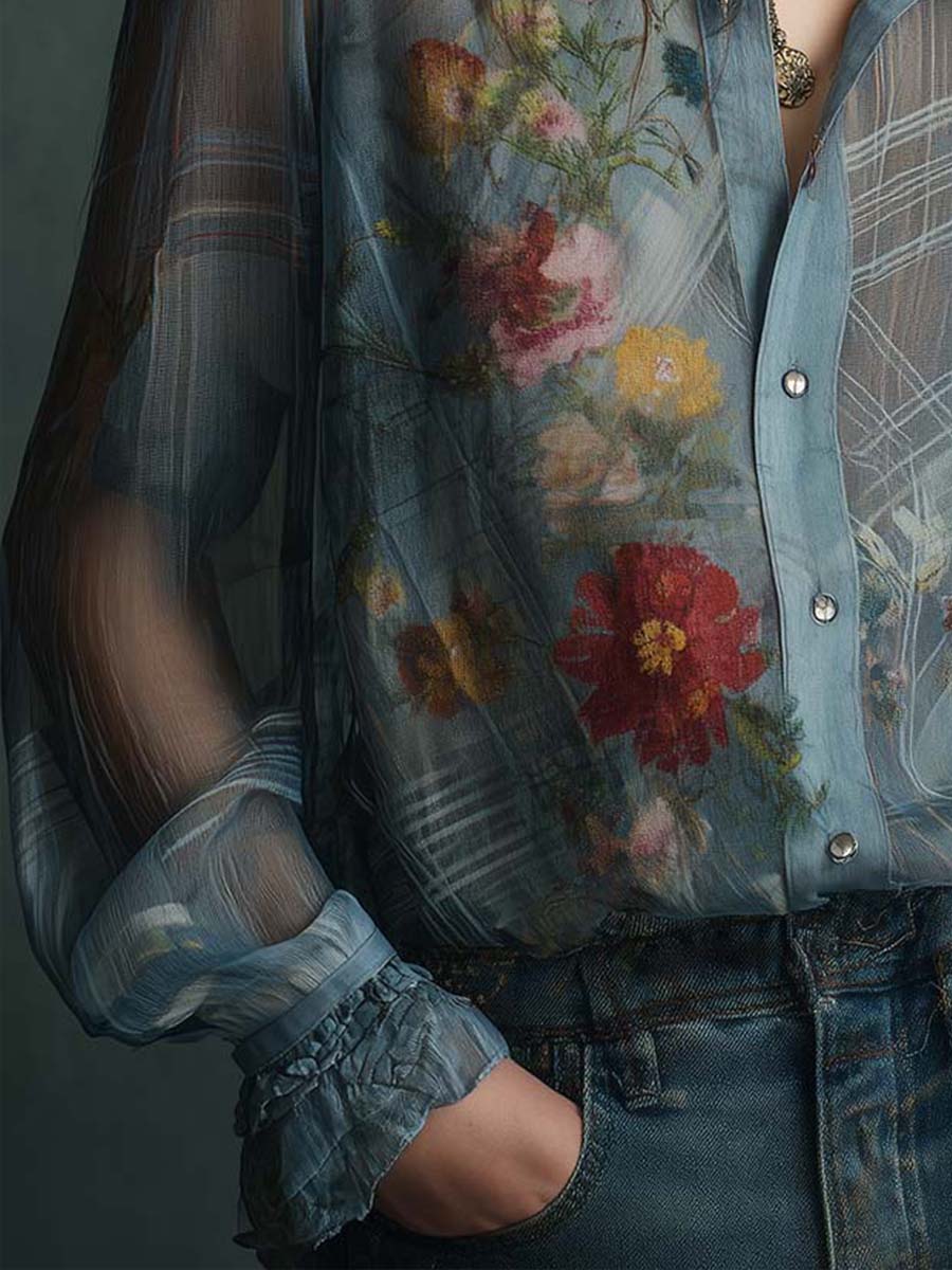 Vintage Boho Sheer Floral Button-Up Blouse | Harry & Kate London
