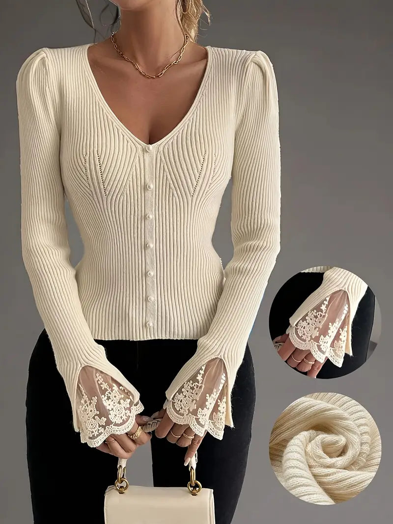 Skylar | Women's Ribbed Knit V-Neck Sweater with Pearl Buttons and Lace Cuffs