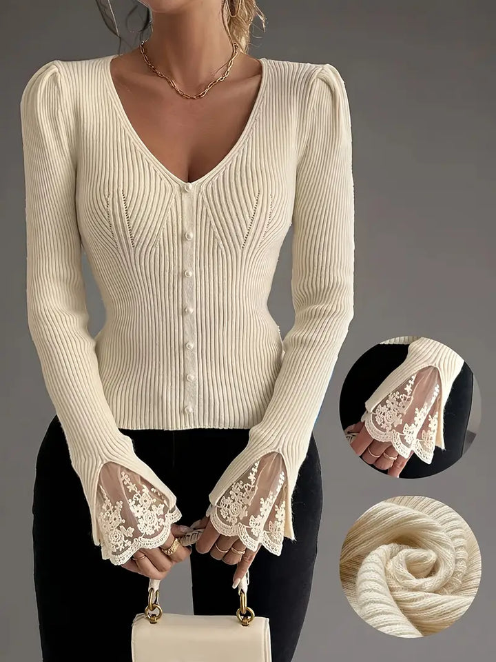 Skylar | Women's Ribbed Knit V-Neck Sweater with Pearl Buttons and Lace Cuffs
