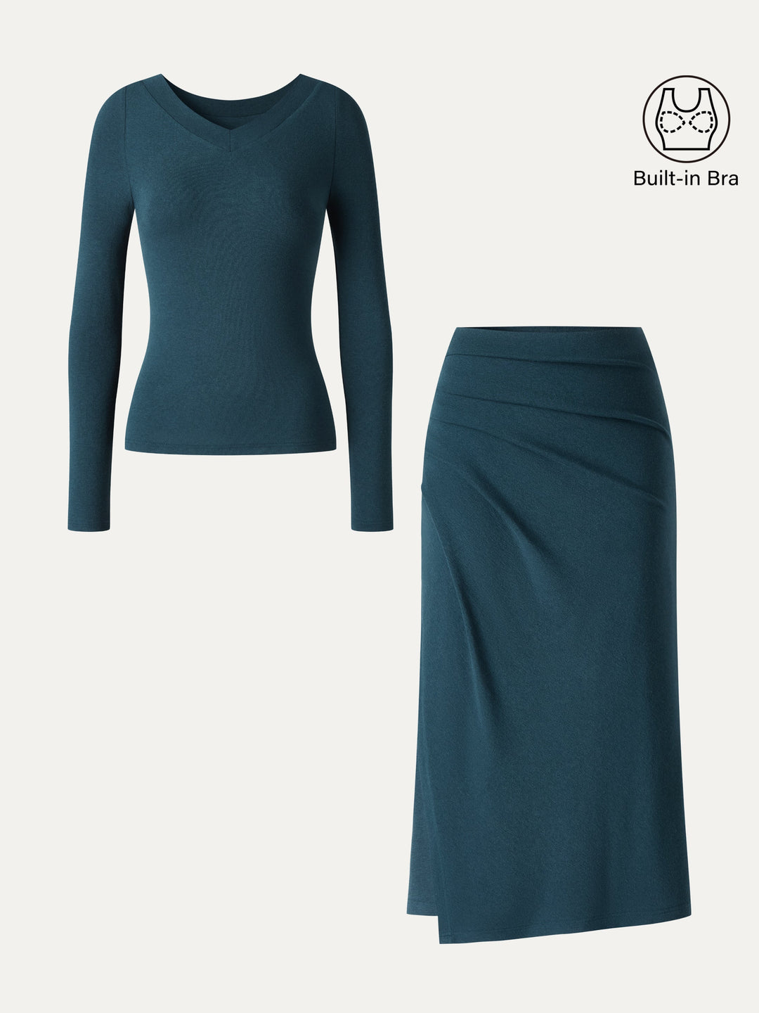 2Pcs Set LiteWarm V-Neck Long Sleeve Built-In Bra Top 3.0 & High-Rise Side-Tuck A-Line Midi Skirt