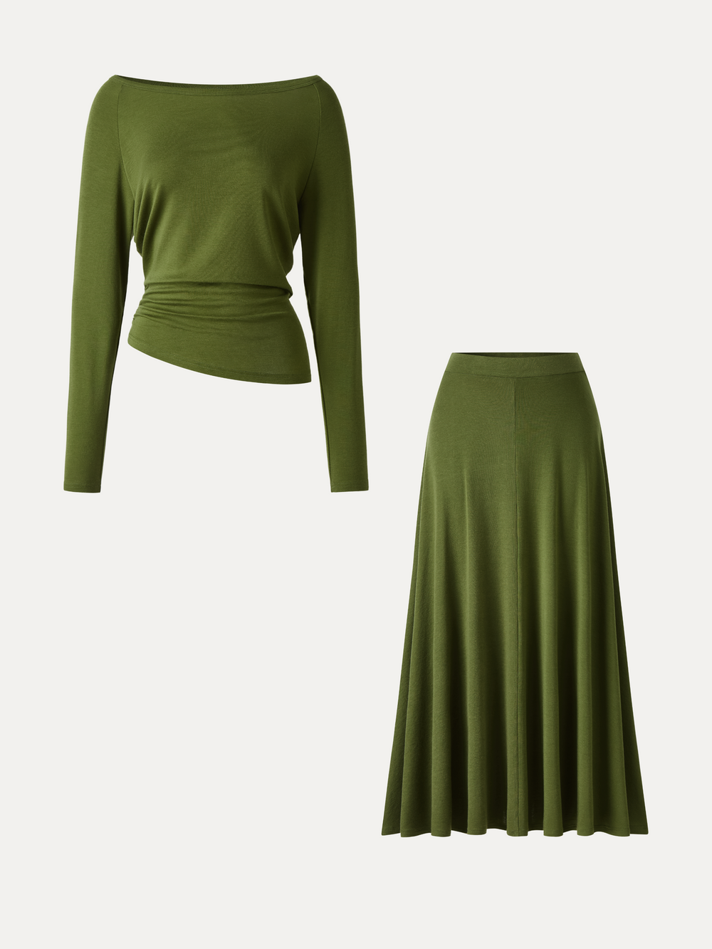 2Pcs Set LiteWarm Boatneck Off-Shoulder Ruched Top & Lyocell-Cashmere Blend Mid-Rise Umbrella Maxi Skirt — women's women > bundles&sets > bundles, back view