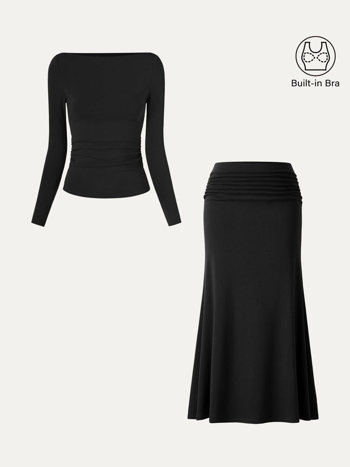 2Pcs Set Boatneck Built-In Bra Top 2.0 & Mid-Rise Ruched Flared Midi Skirt
