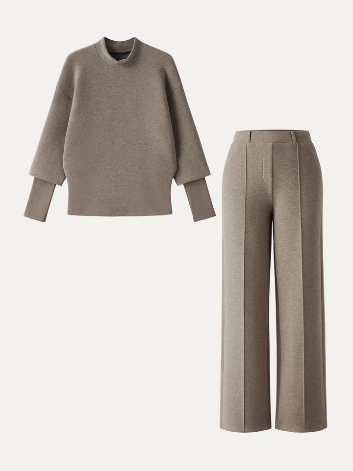 2Pcs Set Mockneck Top & High Waisted Straight Leg Pull On Pant