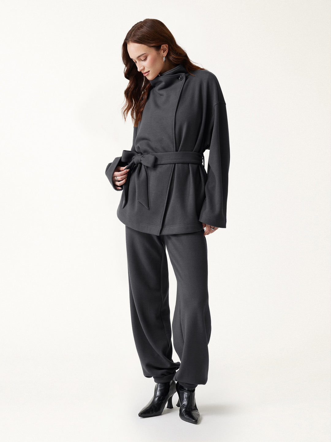 2Pcs Set Waterfall Lapel Belted Jacket with Pockets & Mid-Rise Balloon Pants with Pockets