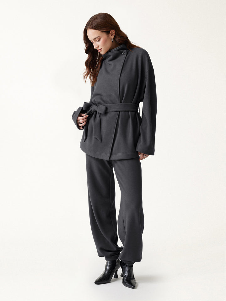 2Pcs Set Waterfall Lapel Belted Jacket with Pockets & Mid-Rise Balloon Pants with Pockets