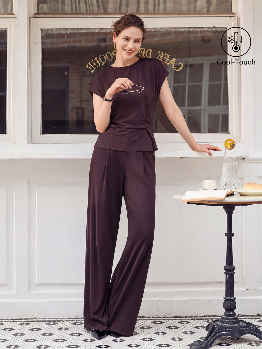 2Pcs Set Round Neck Tucked Top & Wide Leg The Success Pants — women's women > bundles&sets > bundles, front view