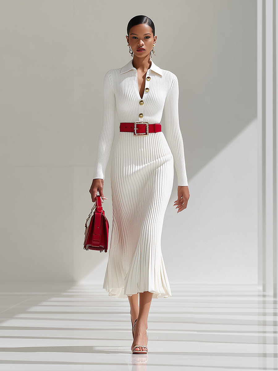 Audrey white wool maxi dress lapel detail – button design close-up