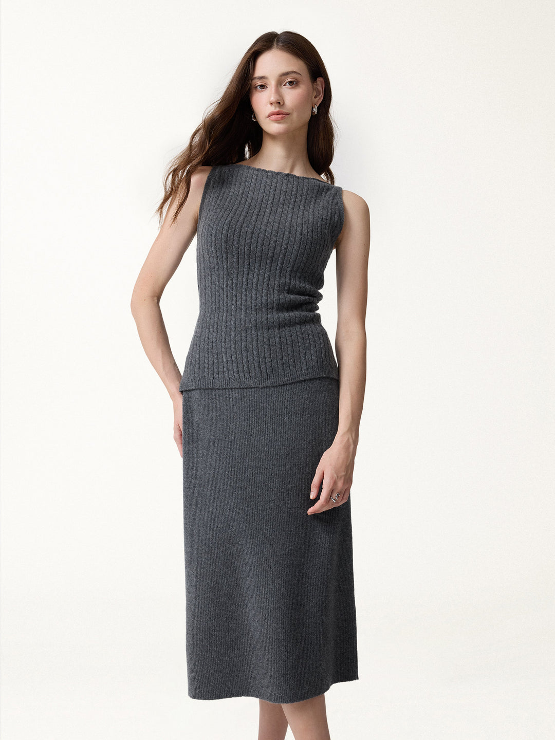 2Pcs Set Merino-Blend Sleeveless Sweater Tank & Merino-Blend Knit Skirt