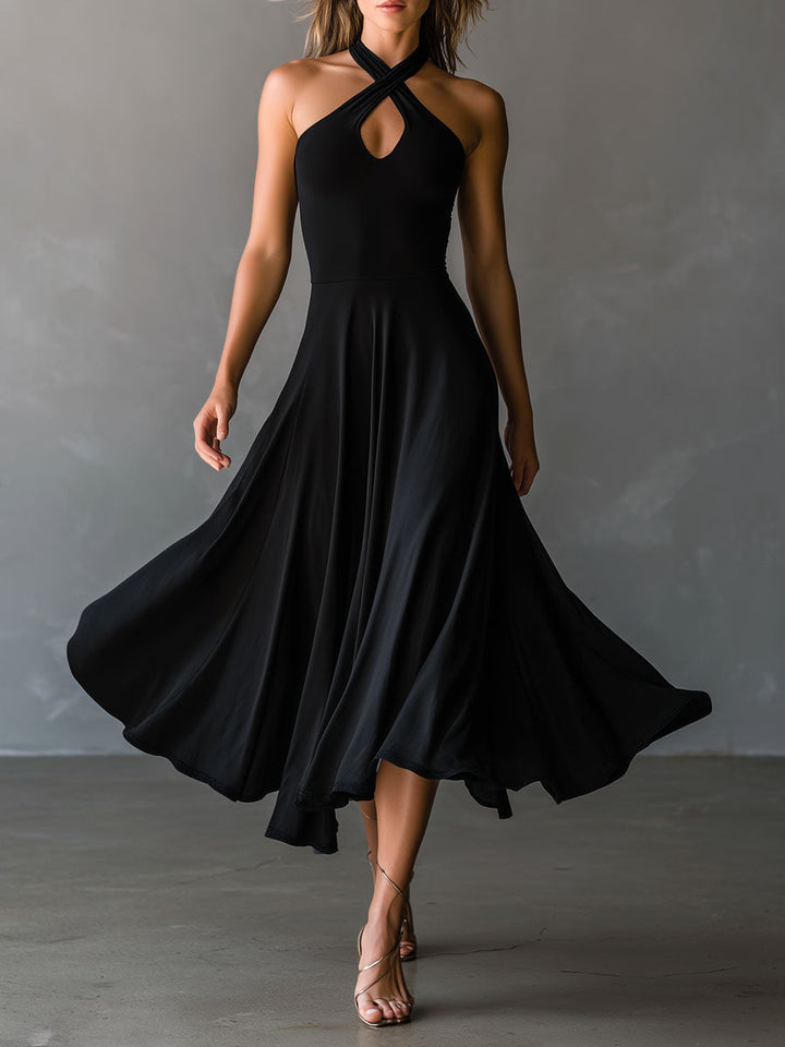 Retro Black Halter Cross Tie-back A-Line Midi Dress