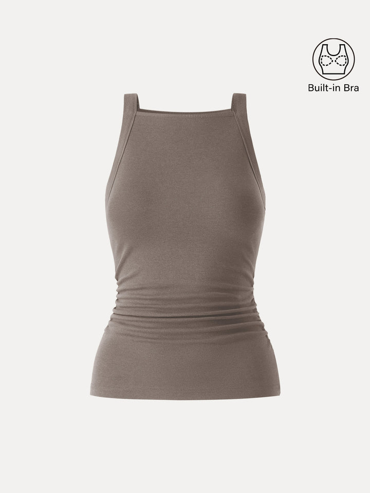 Plantive Chic Square Neck Ruched Rib Built-In Bra Tank 2.0