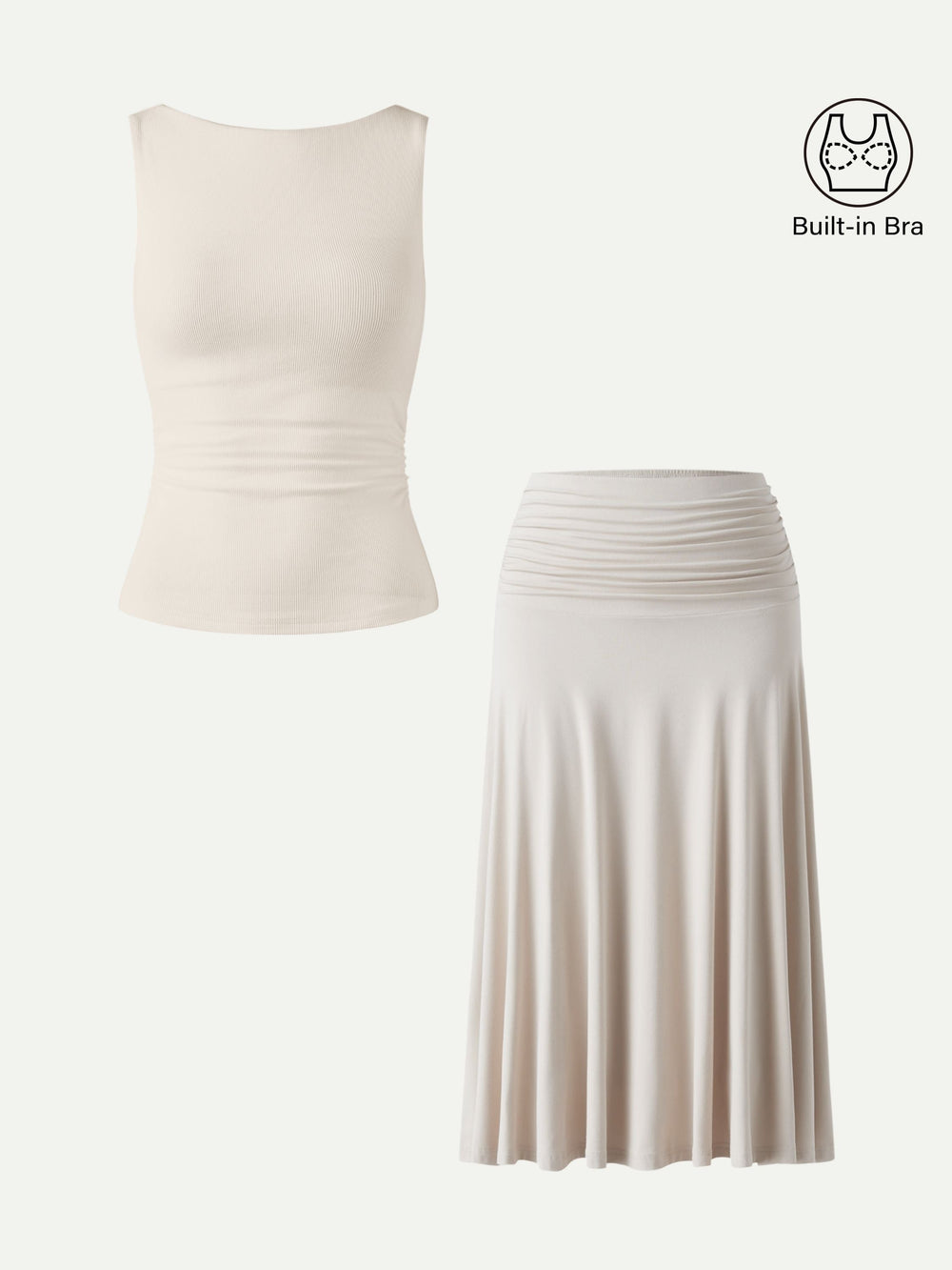 2Pcs Set Open Back Built-In Bra Tank 2.0 & Side Ruched A-line Midi Skirt — women's women > bundles&sets > bundles, back view