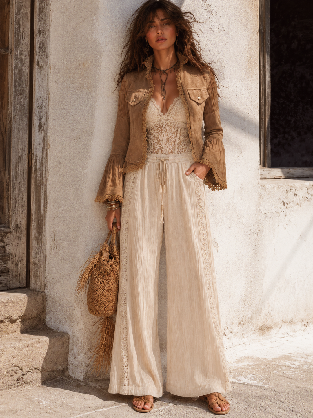 Boho Vintage Lace Trim Pocket Patchwork Sheer Flare Long Sleeve Jacket | Harry & Kate London