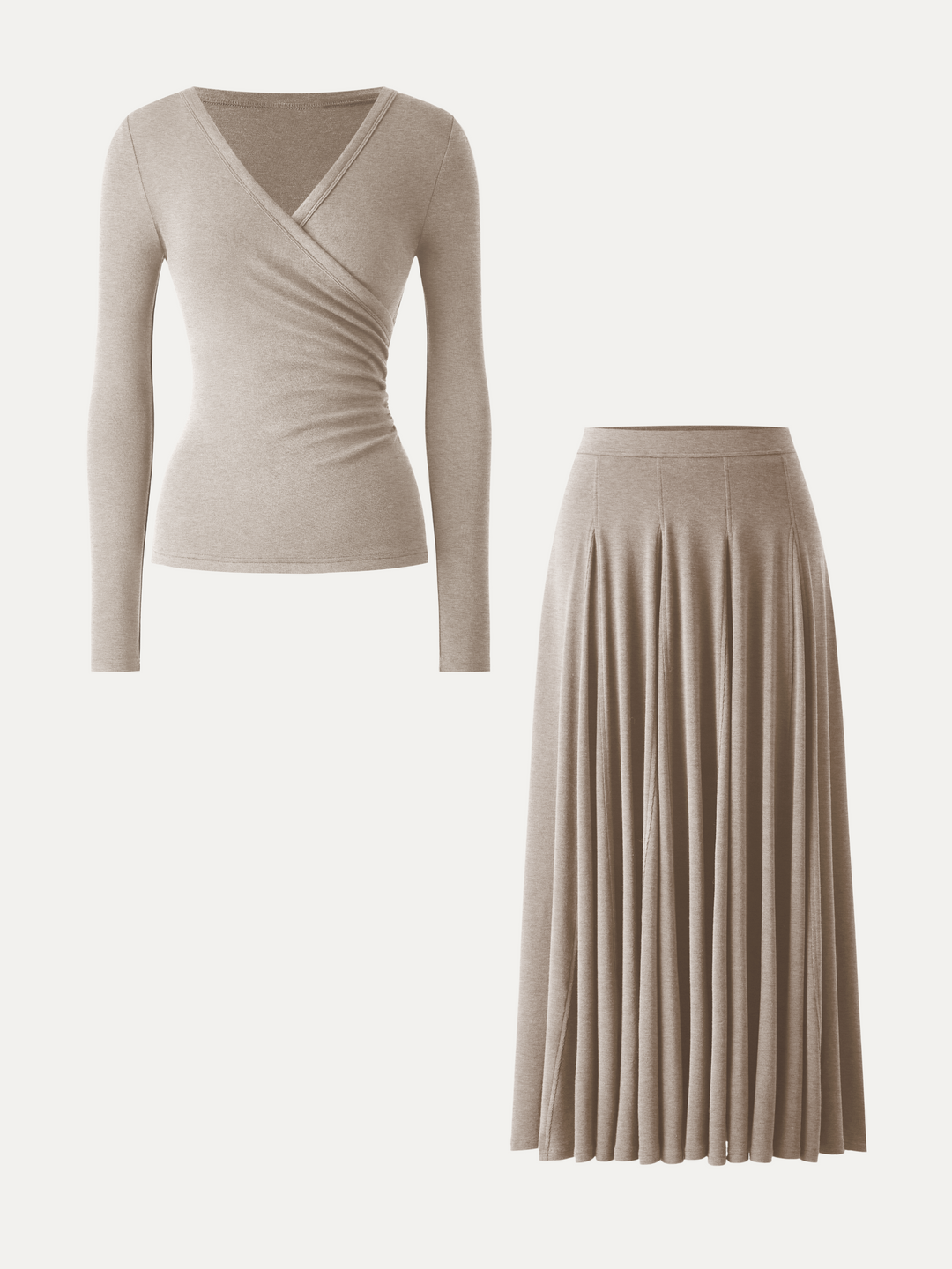 2Pcs Set LiteWarm Surplice Ruched Long Sleeve & Godet Hem Pull-on Maxi Skirt