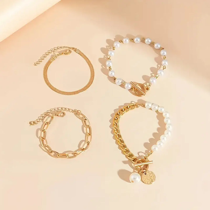 Layered pearl bracelet set shown from a side angle