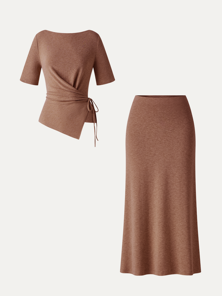 2Pcs Set LiteWarm Short Sleeve Tie-Side Top & Side-Slit A-Line Midi Skirt