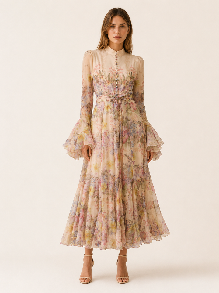 Apricot Floral Ruffle-Cuff Maxi Dress – front view