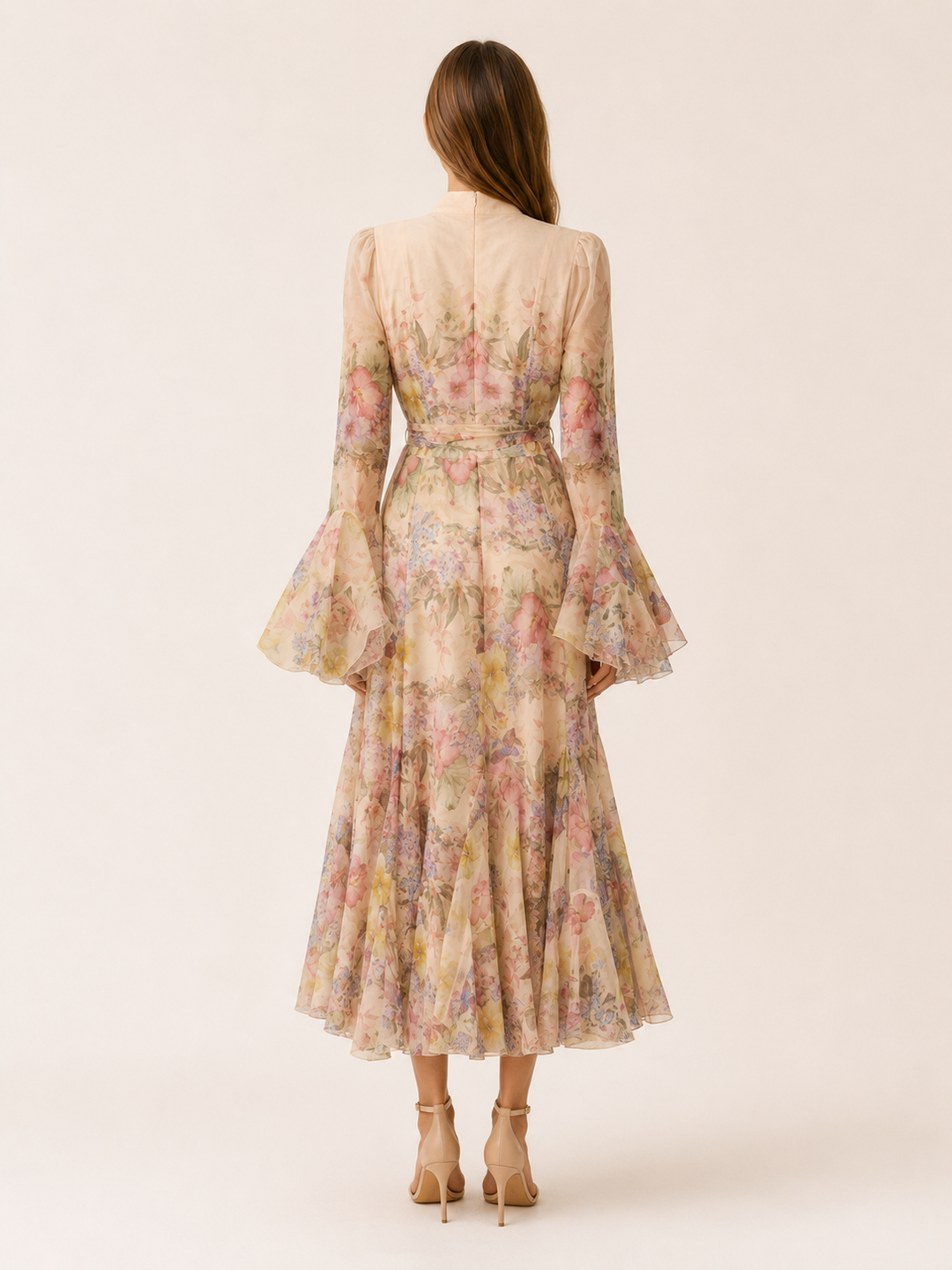 Apricot Floral Ruffle-Cuff Maxi Dress – side view