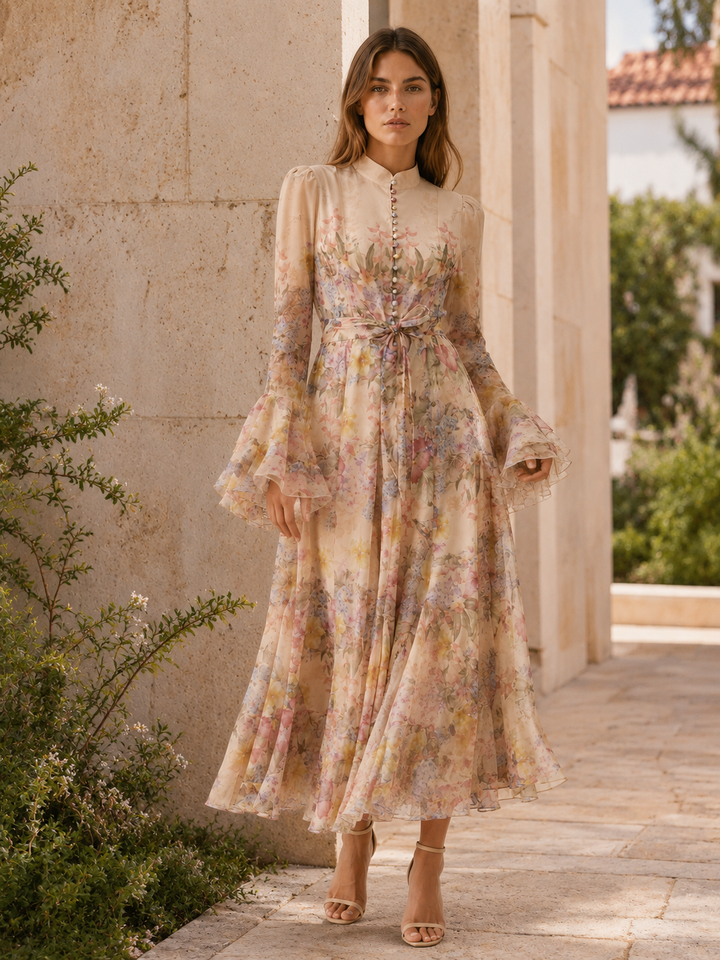 Apricot Floral Ruffle-Cuff Maxi Dress – back view