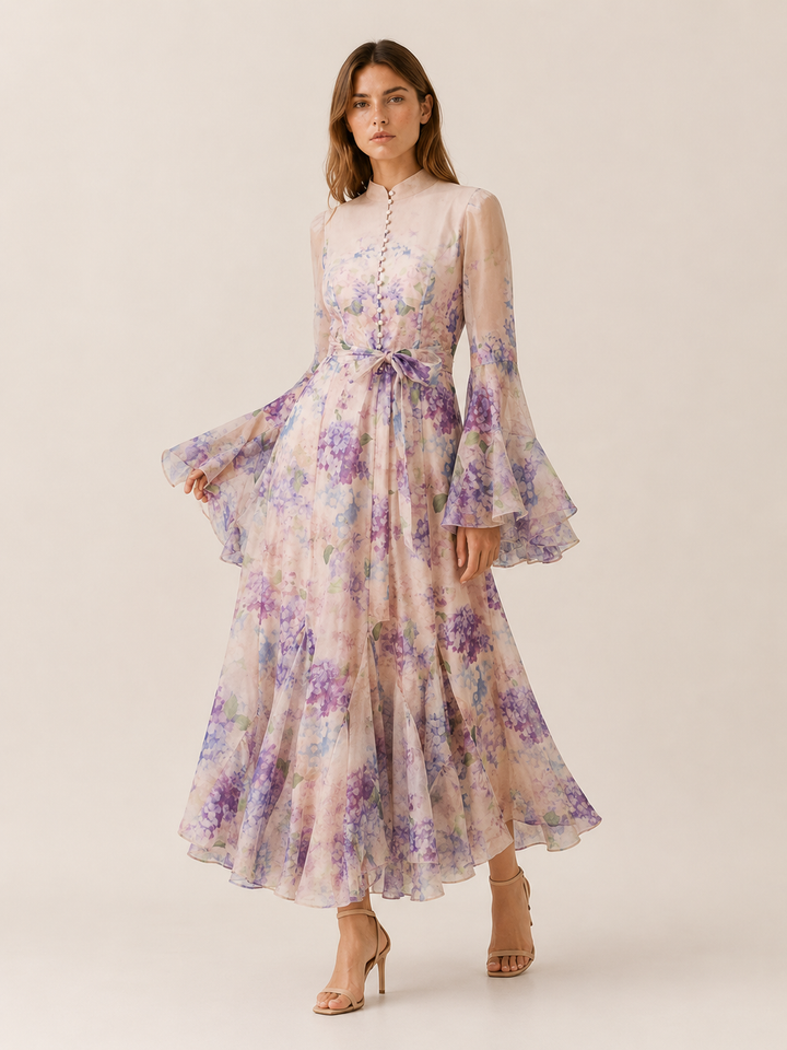 Apricot Floral Ruffle-Cuff Maxi Dress – detail view